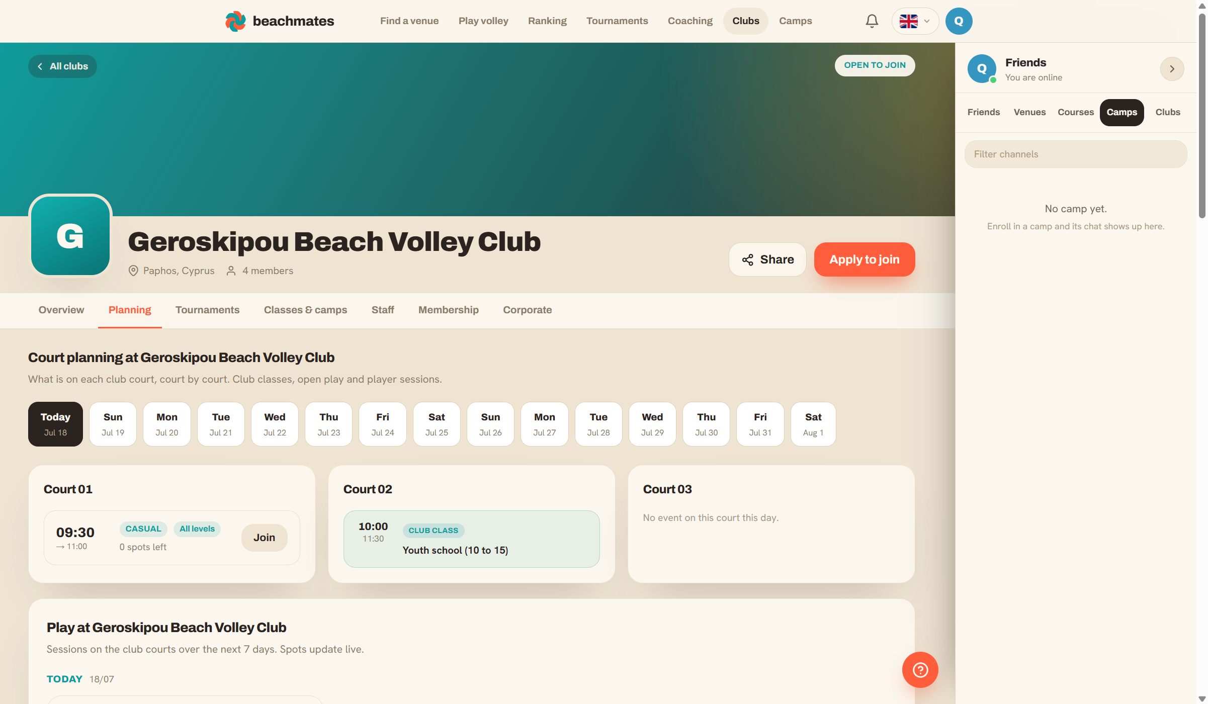 Club planning showing every court for one day