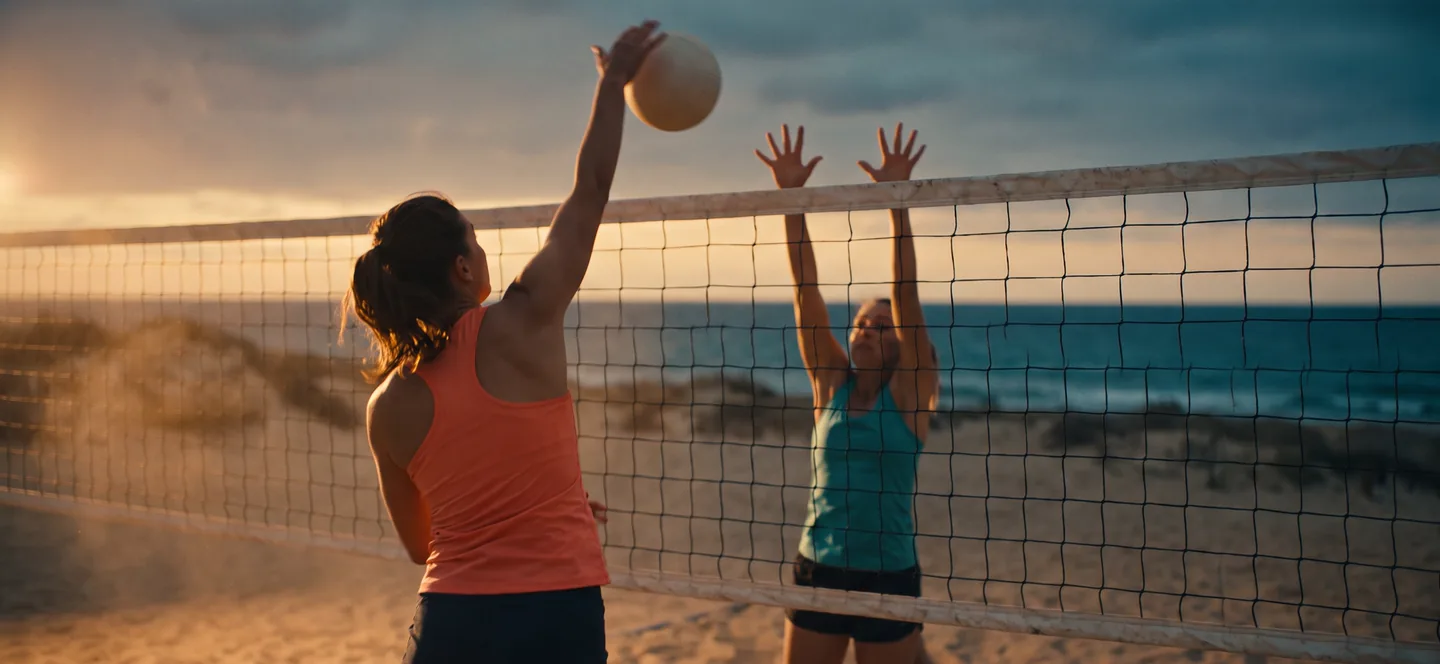 Illustration: an attack at the net against a block, the Vision overlay marks the attacker, the block and the line of the attack.